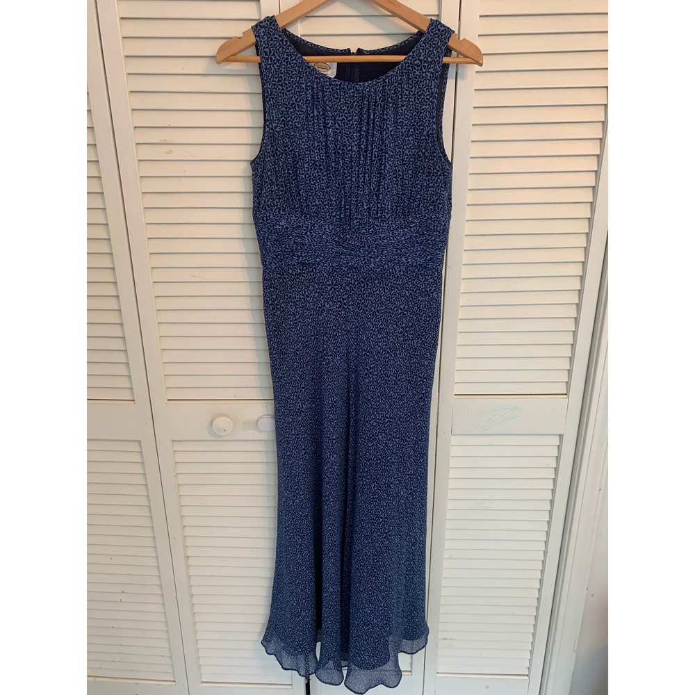 VTG Talbots 100% Pure Silk Maxi Dress 8 Blue Floral Sleeveless Romantic Feminine
